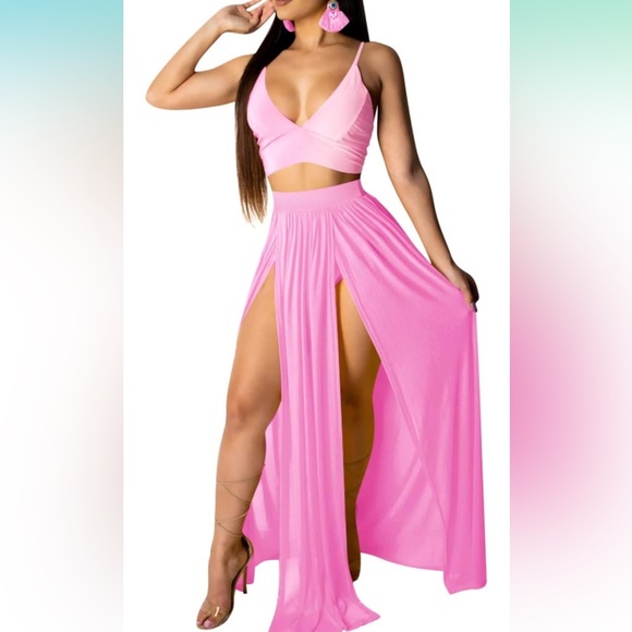 MintSnow Women Sexy 2 Piece Chiffon Strap Deep V Neck Bra Crop Top High Split - Picture 1 of 5